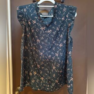 SHEIN Floral Print Ruffle Trim Blouse - Dark Green